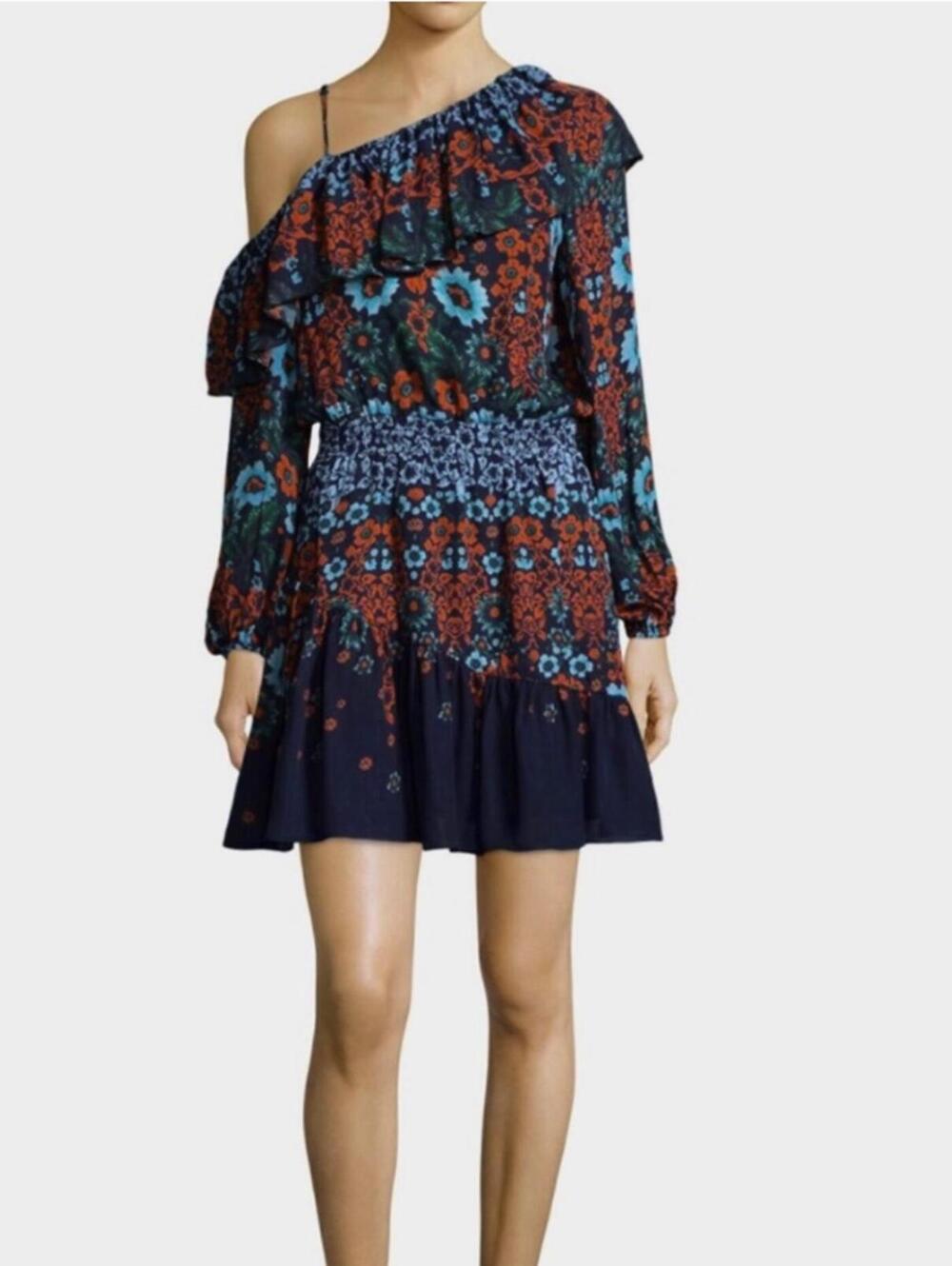 Parker Clarisse Blue Floral 100% Silk One Shoulder Mini Dress - Size - Medium